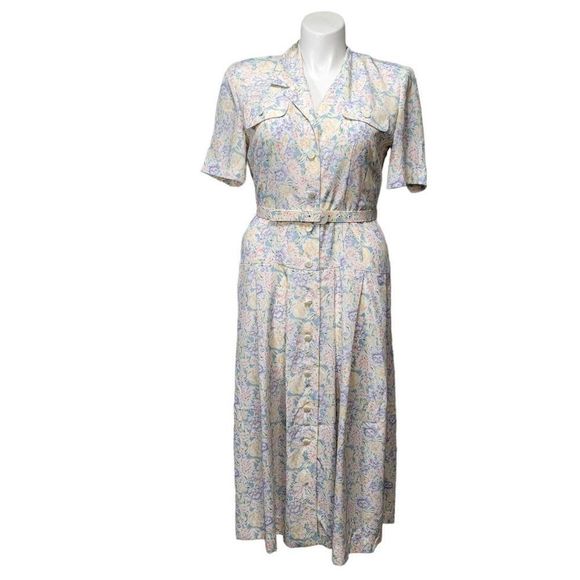Vintage 80s Leslie Fay‎ 12 Pastel Floral Button Front Midi Dress Matching Belt - Picture 1 of 8